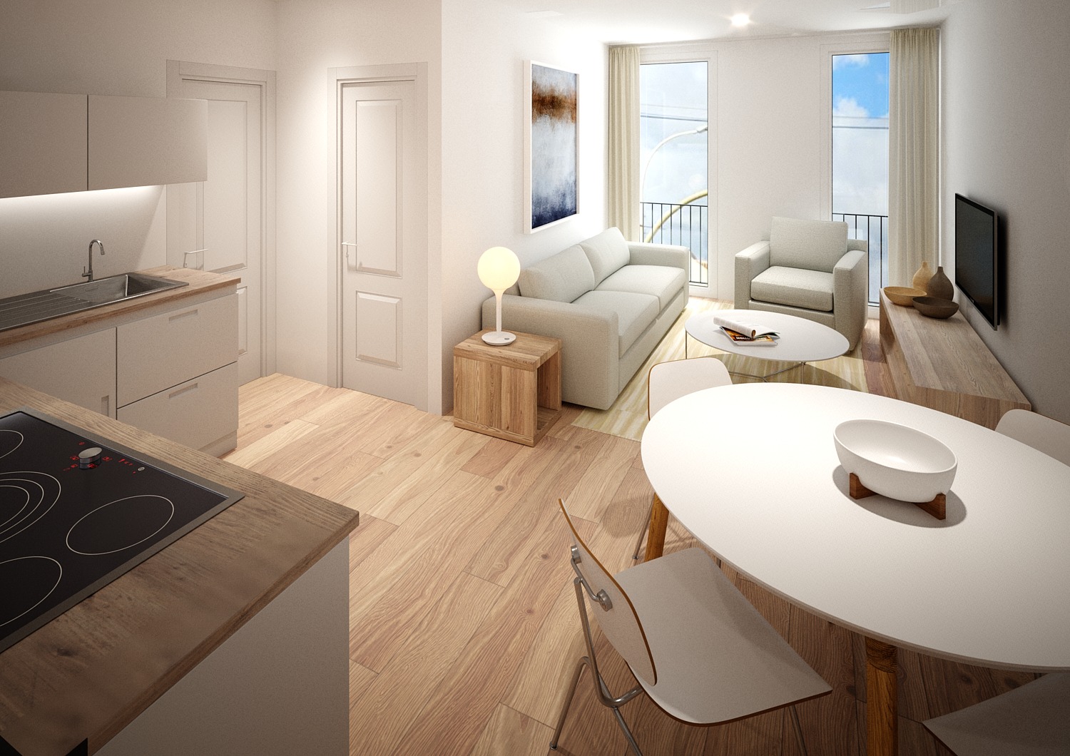 Zona de día con cocina integrada y salón-comedor